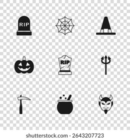 Set Halloween witch cauldron, Trident devil, Devil head, Tombstone with RIP written, Witch hat, Spider web and Pumpkin icon. Vector