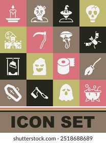 Set Halloween witch cauldron, Witches broom, Flying bat, Scythe, Castle, fortress, Burning candle and Psilocybin mushroom icon. Vector