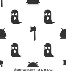 Set Halloween witch cauldron , Wooden axe  and Ghost  on seamless pattern. Vector