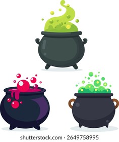 Set of Halloween witch cauldrons brewing potions spooky scene flat vector art