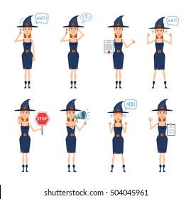 Set of Halloween witch characters posing in different situations. Cheerful witch talking on the phone, thinking, surprised, angry, holding stop sign, loudspeaker, clipboard. Flat vector illustration