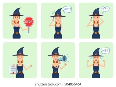 Set of Halloween witch characters posing in different situations. Cheerful witch holding stop sign, loudspeaker, document, talking on phone, surprised, thinking, angry. Flat style vector illustration