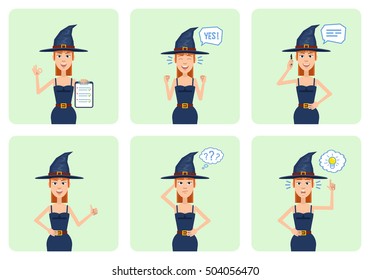 Set of Halloween witch characters posing in different situations. Cheerful witch talking on the phone, thinking, pointing up, laughing, holding clipboard. Flat style vector illustration