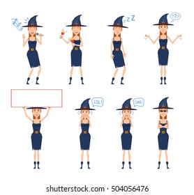 Set of Halloween witch characters posing in different situations. Cheerful witch karaoke singing, dancing, sleeping, thinking, laughing, surprised, holding banner. Flat style vector illustration