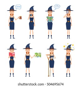 Set of Halloween witch characters posing in different situations. Cheerful witch holding mug of beer, photo camera, map, magnifier, reading a book, injured, dizzy. Flat style vector illustration