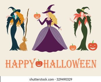 Set of halloween witch costume, color vector illustration