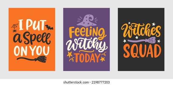 Conjunto de frases con letras de mano cortas de bruja de Halloween. Afiches divertidos o tarjetas de felicitación con citas caligráficas modernas y escritas a mano. Ilustración vectorial. Hoy Me Siento Brujita. Te puse un Spell.