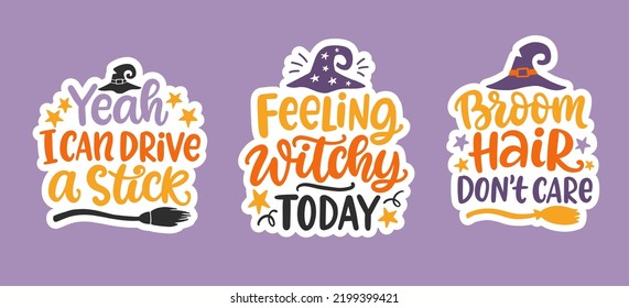 Set of Halloween Witch Hand Drawn Cute Lettering phrases. Fun Posters or greeting card with handwritten modern calligraphy quotes. Vector illustration.