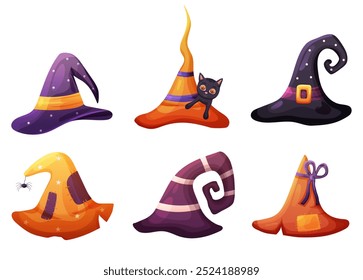 Set of Halloween witch hat with black cat and spider. Vector holiday illustration