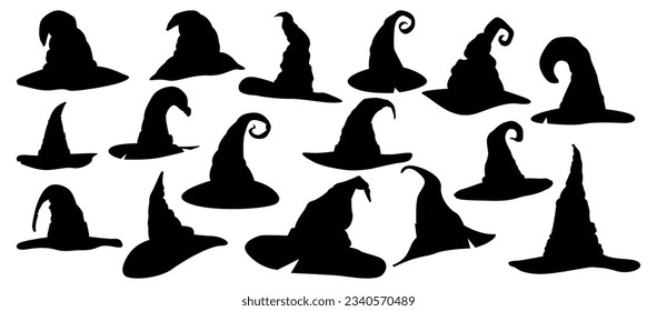 Set of halloween witch hat silhouette isolated on white background. Vector illustration