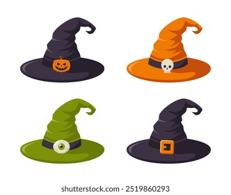 Set of Halloween witch hats isolated on white background. Flat vector illustration