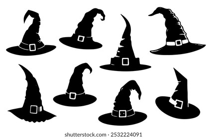 Set of Halloween witch hats silhouette. Hand drawn wizard spooky hats isolated on white background.  Halloween party costume elements. Vector illustration decorative elements for design decor.