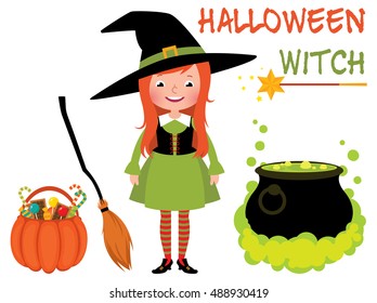 Set Halloween witch and her magical things vector cartoon illustration