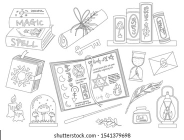 Set of halloween witch magic books vector illustration isolated on white background. Halloween stickers collection of magic scripture books and elements colorless for coloring book.