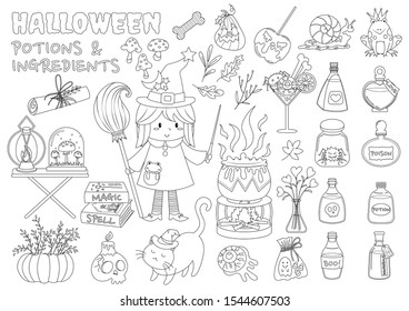 Set of halloween witch magic potions and ingredients vector cartoon colorless for coloring page. Halloween witch stickers collection. Witch potion pot 