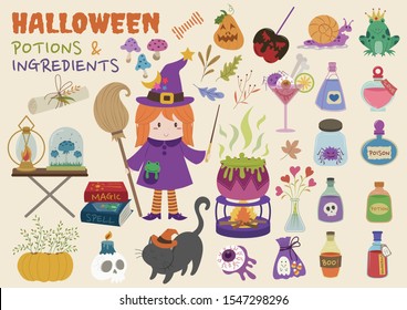 Set of halloween witch magic potions and ingredients vector cartoon. Halloween witch stickers collection. Witch potion pot with admixtures. 