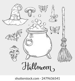 Set of halloween witch magic things. Sketch hand drawn vector vintage illustration on white background.