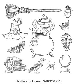 Set von Halloween Hexen magischen Dingen. Skizze handgezeichnete Vektorgrafik Vintage Illustration auf weißem Hintergrund.