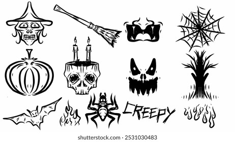 set of halloween, witch, pumpkin, monster, spider. isolated on white background vector illustration handrawn 
