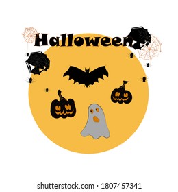 Set of Halloween, witch, pumpkins, bats, spider web, black cat, skulls and ghosts. Feast of the Dead, All Saints' Day. Vector illustration in flat style.