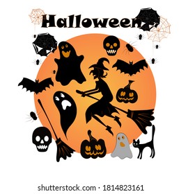Set of Halloween, witch, pumpkins, bats, spider web, black cat, skulls and ghosts. Feast of the Dead, All Saints' Day. Vector illustration in flat style.
