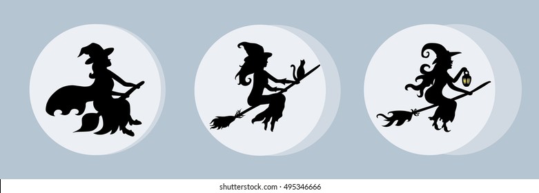 Set of halloween witch silhouettes flying inside white circles on light blue background