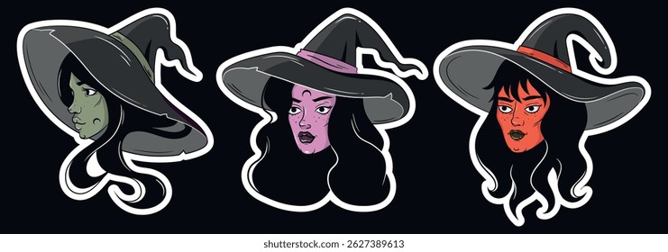 Set of Halloween witch stickers. Minimalistic Isolated vector illustrations