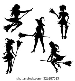 Set of Halloween witches with broom. Black silhouettes on white background.