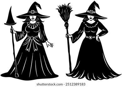 Set Of Halloween Witches With Broom Silhouette Vector Illustration