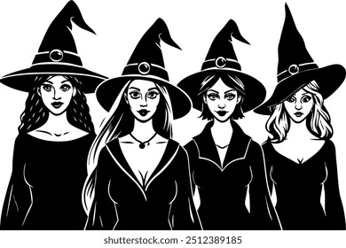 Set Of Halloween Witches With Broom Silhouette Vector Illustration