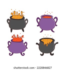 Set of halloween witches cauldrons with poison potion. Halloween elements. Trick or treat concept. Vector illustration in hand drawn style