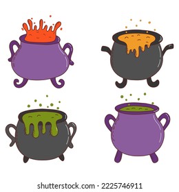 Set of halloween witches cauldrons with poison potion. Halloween elements. Trick or treat concept. Vector illustration in hand drawn style