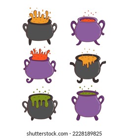 Set of halloween witches cauldrons with poison potion. Halloween elements. Trick or treat concept. Vector illustration in hand drawn style