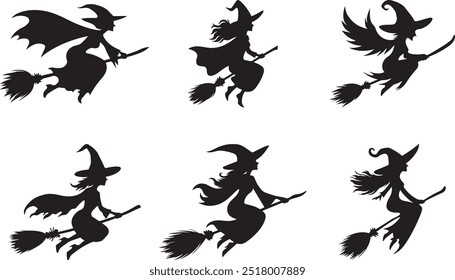 Set of Halloween witches silhouette vector art illustration on white background.