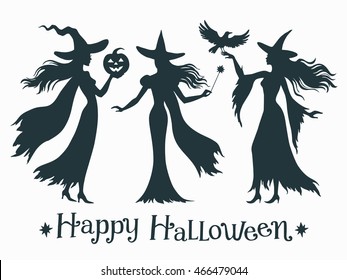 Set of halloween witches, silhouette vector illustration for design, greeting card, invitation, banner.
