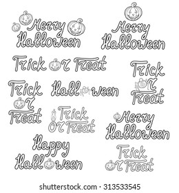 Set of halloween words. Can be used for greeting cards. Trick or treat. Merry halloween. Vector illustration. Eps 10. 