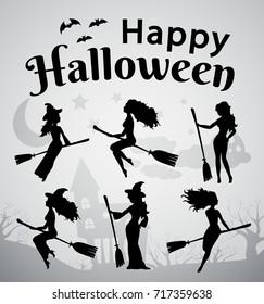 Set of Halloween young witches silhouettes. Vector illustration. Happy Halloween.	