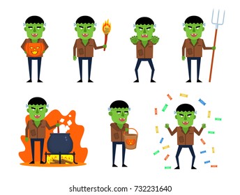 Set of Halloween zombie characters showing different actions. Funny zombie holding pumpkin, torch, pitchfork and showing other actions. Flat style vector illustration