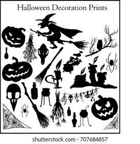 Set of Halloween's symbols and silhouettes in black and white; halloween decoration prints