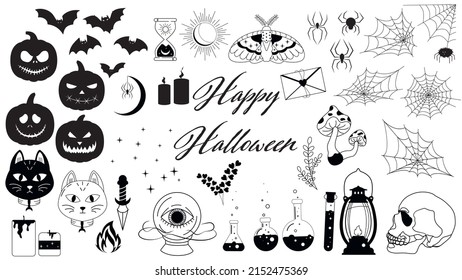 set for halloween silhouette spider cobweb halloween pumpkin set stickers for halloween halloween drawing skull outline bat Hand drawn mystical doodle design element magic   witchcraft 
