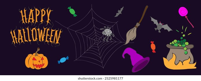 Set of Halloween-themed elements including pumpkin, broom, spiderweb, potion, candy, witch hat, and bat with "Happy Halloween" text on a dark background.