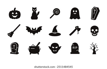 Um conjunto de ícones com tema de Halloween. Feriado de Halloween. Ilustração vetorial isolada em um fundo branco