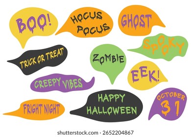 Set of Halloween-themed multicolored speech bubble stickers with phrases like "Boo," "Trick or treat," "Happy Halloween," "October 31," "Hocus Pocus," and more in fun, spooky cartoon style.