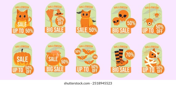 Set of Halloween-themed sale banners featuring cute illustrations and discount offers ranging from 50% to 70% off.