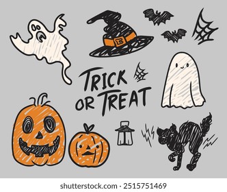 A set of Halloween-themed stickers in doodle art style would feature fun, hand-drawn illustrations with playful, sketchy lines. The doodle style adds a fun and lighthearted feel, perfect for creating 