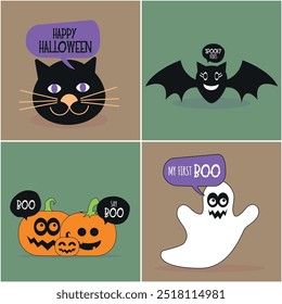 Un conjunto de Ilustraciones vectoriales con temática de Halloween, con diseños divertidos y espeluznantes perfectos para agregar un toque festivo a tus proyectos creativos. Ideal para invitaciones de fiesta, decoraciones y bricolaje 