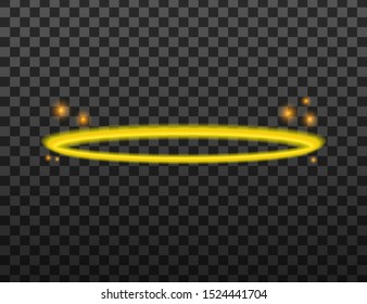 Set Halo angel ring . Holy golden nimbus circle isolated on black transparent background. Vector illustration.