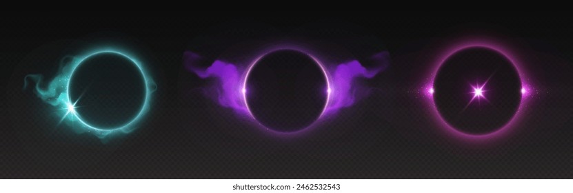 Set of halo neon light effects isolated on transparent background. Vector realistic illustration of turquoise, purple, pink rings glowing in darkness, round energy frame in cloud of mist with sparkles