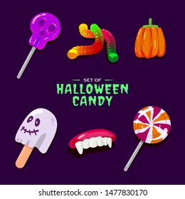 Set Of Haloween Candy Vector Illustration With Cute And Fun Character. Gummy Worms, Lolipop Illustration