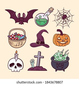 Conjunto de Ilustraciones de Haloween. Triste festividad o trato